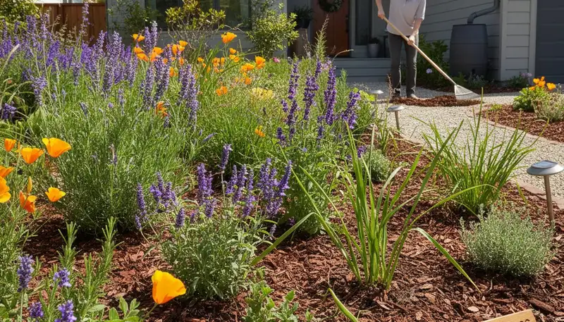 Organic garden beds with mulch and native plants by Chop Chop Landscaping in San Francisco, CA