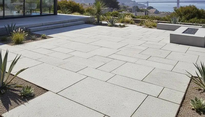 Modern large format stone slab patio installation by Chop Chop Landscaping in San Francisco, CA