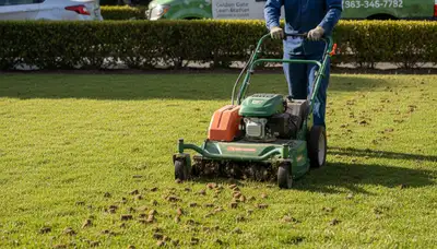 Core aerator machine performing professional lawn aeration on a residential yard in San Francisco, CA