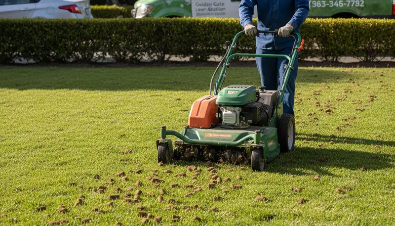 Core aerator machine performing professional lawn aeration on a residential yard in San Francisco, CA