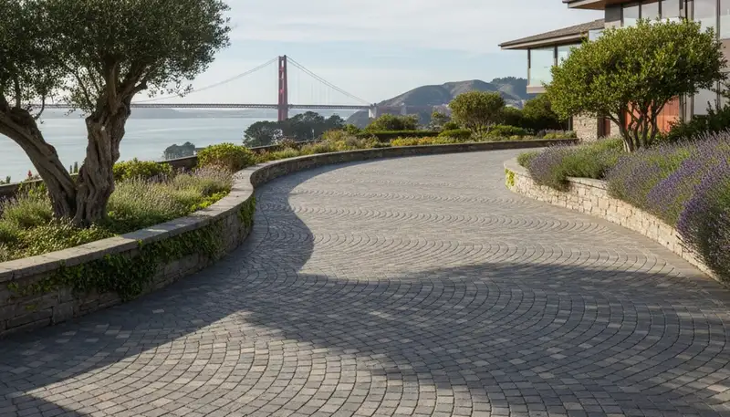 Curved paver driveway design by professional landscapers in San Francisco, CA showcasing expert craftsmanship