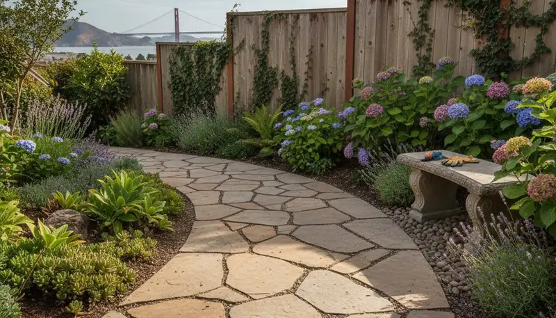 Curved stone paver pathway installation by Chop Chop Landscaping in San Francisco, CA