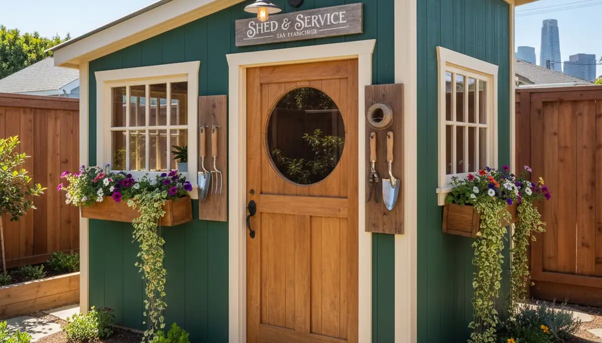 Decorative garden shed with window boxes and pathway by Chop Chop Landscaping in San Francisco, CA