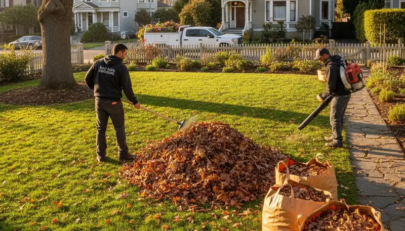 Technicians performing fall leaf removal and yard clean up in San Francisco, CA residential lawn