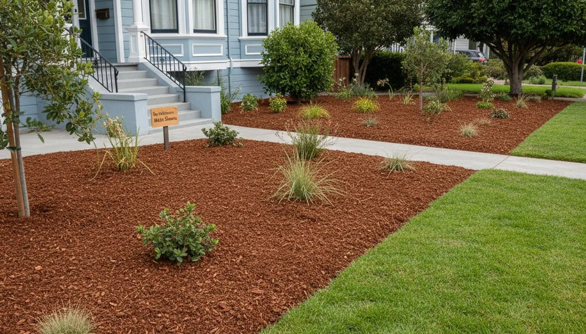 Fresh mulch installation with clean edges and even coverage by landscapers in San Francisco, CA