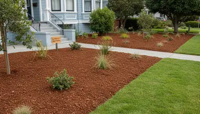 Fresh mulch installation with clean edges and even coverage by landscapers in San Francisco, CA
