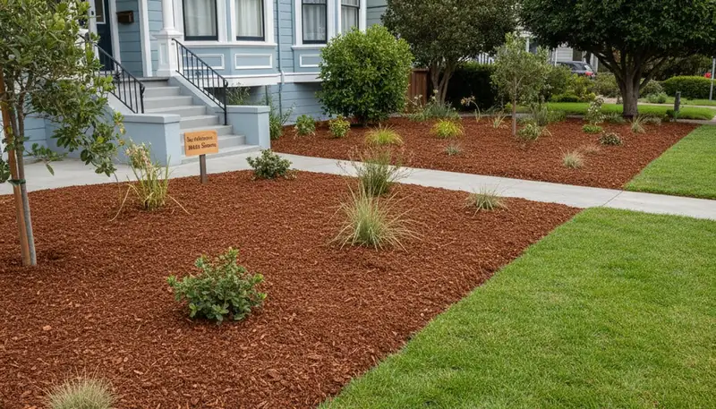 Fresh mulch installation with clean edges and even coverage by landscapers in San Francisco, CA