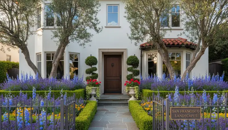 Front yard landscape design with colorful plants and shaped shrubs in San Francisco, CA