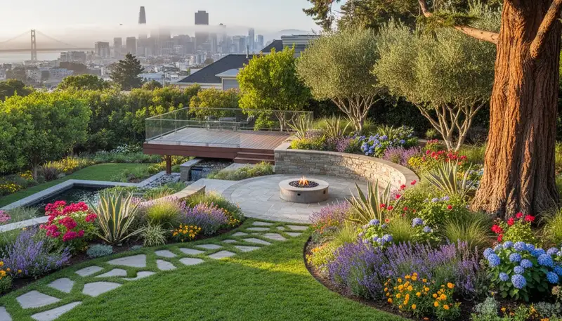 Full property landscape transformation with plants, hardscape, and lawn in San Francisco, CA