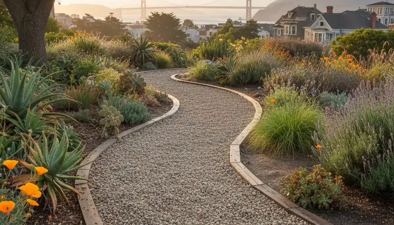 Pea gravel garden pathway with lush plantings in San Francisco, CA by Chop Chop Landscaping