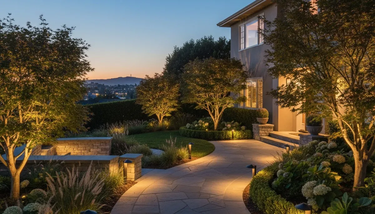 Landscape lighting at dusk highlighting gardens and walkways by Chop Chop Landscaping in San Francisco, CA