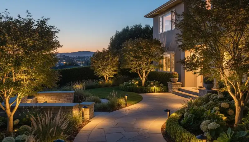 Landscape lighting at dusk highlighting gardens and walkways by Chop Chop Landscaping in San Francisco, CA