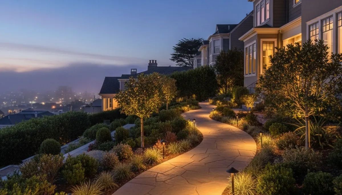 Illuminated walkway with professional path lighting at dusk in San Francisco, CA landscaping project