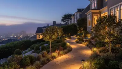 Illuminated walkway with professional path lighting at dusk in San Francisco, CA landscaping project