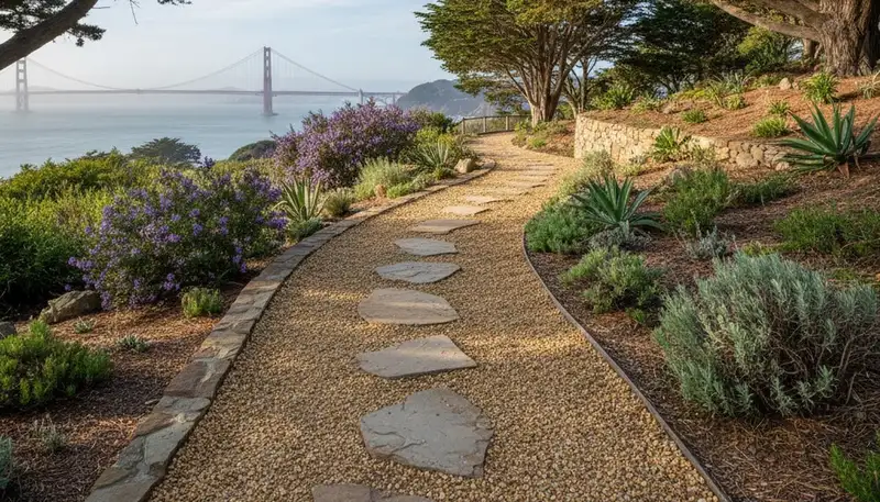 Mixed gravel and stepping stone path design by Chop Chop Landscaping in San Francisco, CA