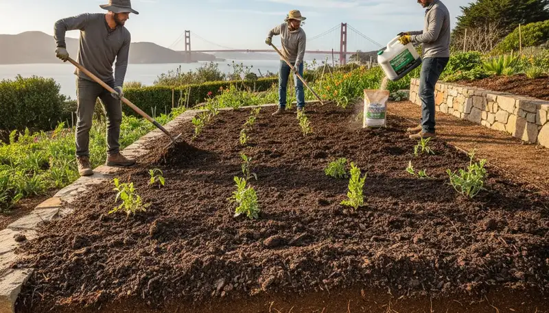 Professional applying organic compost to enrich garden soil in San Francisco, CA landscaping project