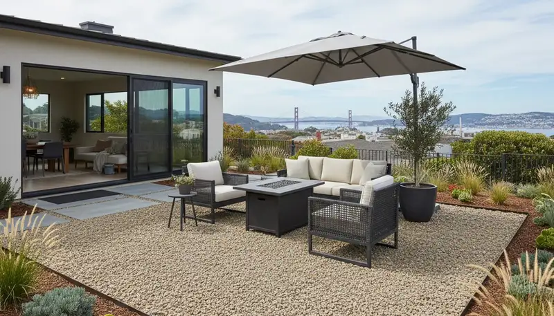 Professional pea gravel patio installation with edging and furniture in San Francisco, CA landscaping