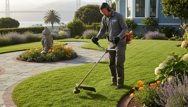 Professional landscaper trimming lawn edges with string trimmer in San Francisco, CA