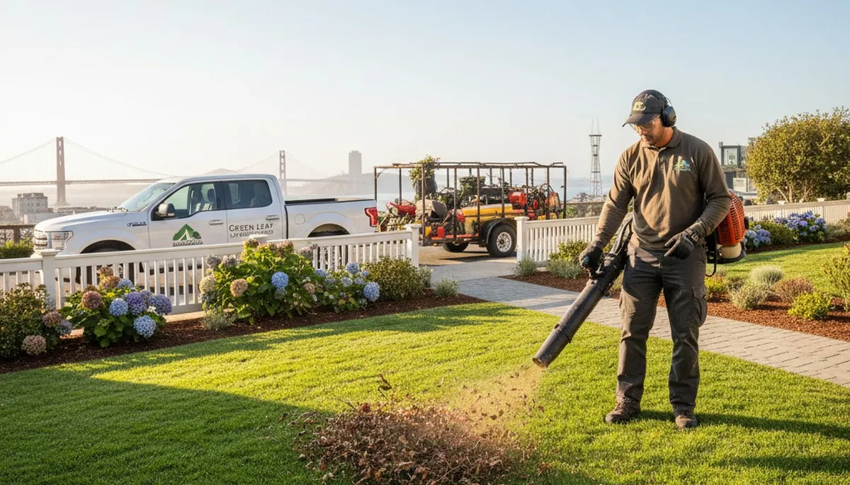 Technician using leaf blower for lawn cleanup and debris removal in San Francisco, CA landscaping service