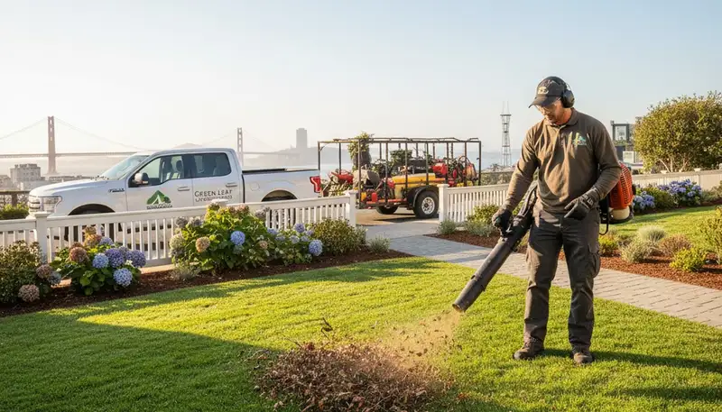 Technician using leaf blower for lawn cleanup and debris removal in San Francisco, CA landscaping service