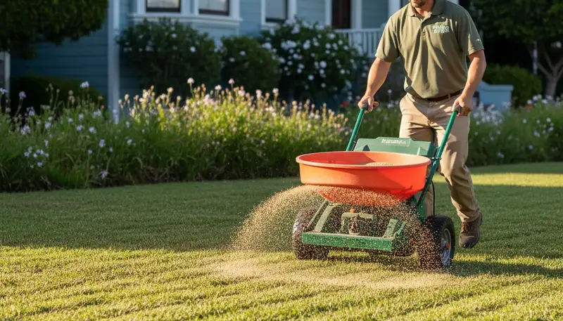 Lawn care professional applying fertilizer with spreader on residential turf in San Francisco, CA