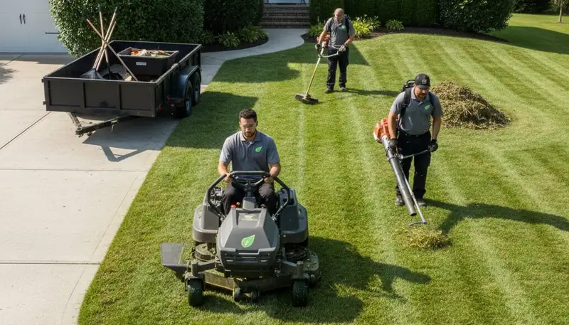 Professional crew mowing and edging a residential lawn in San Francisco, CA for Chop Chop Landscaping