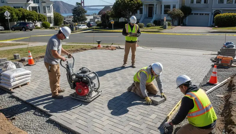 Professional crew installing driveway pavers in San Francisco, CA with precise leveling and craftsmanship
