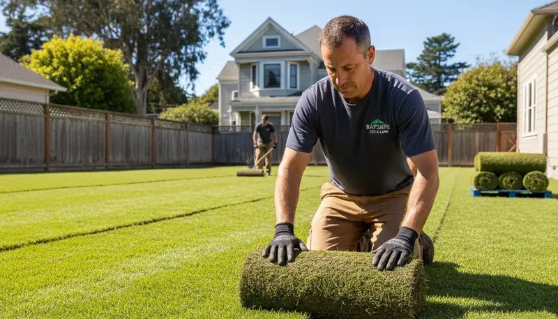Professional landscaper installing sod rolls with precision in San Francisco, CA lawn project