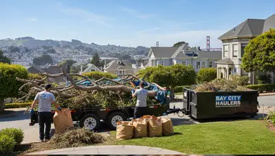 Professional storm debris and yard cleanup crew clearing branches in San Francisco, CA property