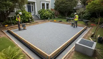 Shed foundation prep with gravel base and drainage by Chop Chop Landscaping in San Francisco, CA