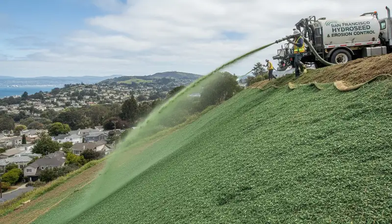 Hydroseeding on steep slope for erosion control by Chop Chop Landscaping in San Francisco, CA