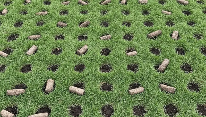 Close-up of soil core plugs from professional lawn aeration on a San Francisco, CA lawn