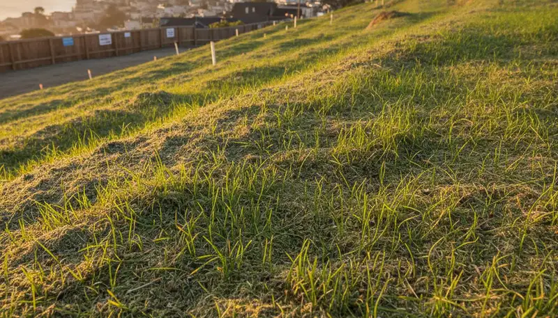 New grass seedlings sprouting from hydroseeded soil in San Francisco, CA lawn project