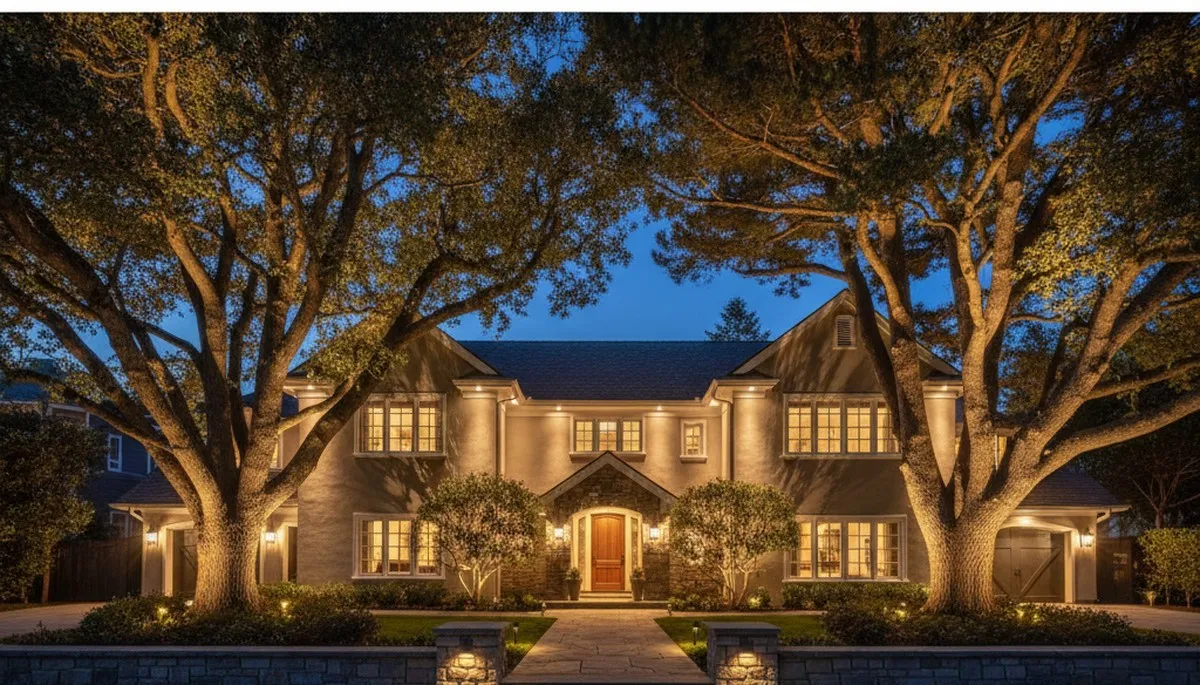 Tree uplighting design highlighting mature trees and shadows in professional San Francisco landscape lighting