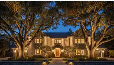 Tree uplighting design highlighting mature trees and shadows in professional San Francisco landscape lighting