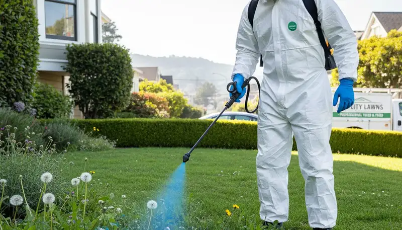 Professional lawn care technician applying weed control treatment in San Francisco, CA lawn